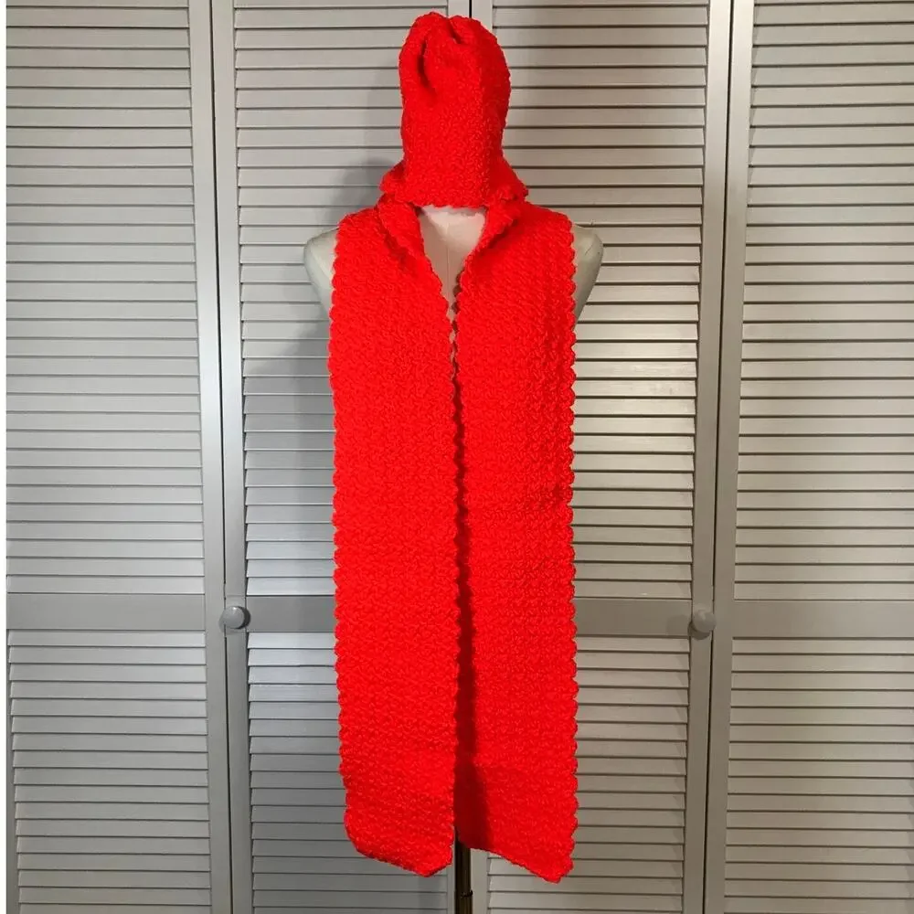 NWT Handmade Crochet Textured Winter Neon Orange Scarf 74” & Beanie
